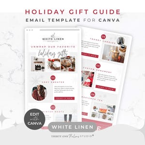 Könnte beinhalten: Eine digitale E-Mail-Vorlage für einen Weihnachtsgeschenkführer für Canva. Das Design verfügt über ein weißes und rotes Farbschema mit Bildern von gemütlichen Pullovern, Winterstiefeln, trendigen Kerzen, individuellen Ornamenten und Designerthee. Der Text enthält "Holiday Gift Guide".