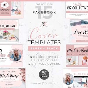 15 Facebook Cover Timeline Templates - Canva Templates, Facebook Group, Business Page, Event Cover, Social Media Templates, Blush & Black