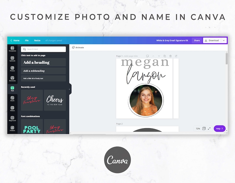 May include: A Canva design interface screenshot, displaying a signature kit template. The design includes a photo and name, with the text "Customize Photo and Name in Canva" at the top. The Canva logo is visible at the bottom of the image.