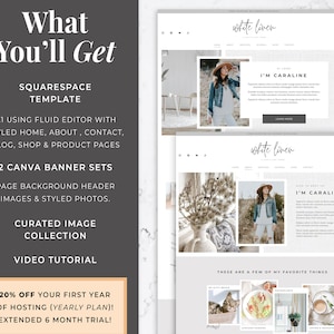 May include: A website design template with the text "What You'll Get" and "Squarespace Template". The design includes styled home, about, contact, blog, shop, and product pages. It also includes Canva banner sets, curated image collection, and a video tutorial.