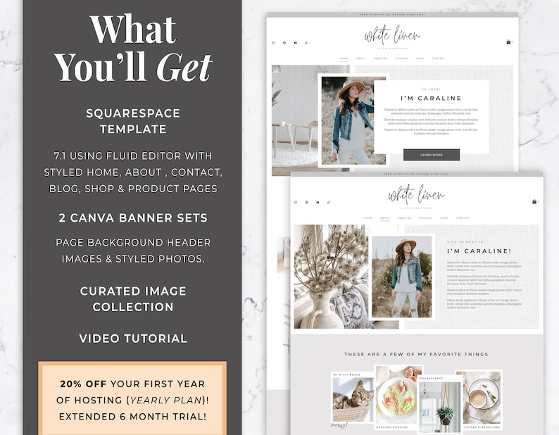 May include: A website design template with the text "What You'll Get" and "Squarespace Template". The design includes styled home, about, contact, blog, shop, and product pages. It also includes Canva banner sets, curated image collection, and a video tutorial.