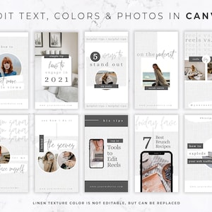May include: A collection of Canva templates for social media, featuring a light gray linen texture background. The templates include text and photos with titles like "How to get more reels views" and "5 ways to stand out on reels". The text "Edit Text, Colors & Photos in Canva" is at the top.