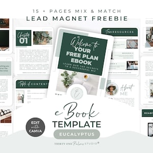 Könnte beinhalten: Eine digitale E-Book-Vorlage mit einem klaren, modernen Design. Das Cover zeigt den Text "Welcome to Your Free Plan Ebook" mit Eukalyptuszweigen. Umgebende Seiten zeigen verschiedene Layouts, einschließlich Kapitelüberschriften und Ressourcenabschnitten. Die Vorlage ist für die Verwendung mit Canva konzipiert.