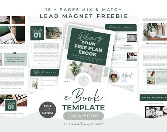 May include: A digital ebook template with a clean, modern design. The cover features the text "Welcome to Your Free Plan Ebook" with eucalyptus sprigs. Surrounding pages showcase various layouts, including chapter headings and resource sections. The template is designed for use with Canva.