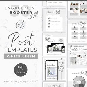 Socialmediapostsjablonen voor Canva - Betrokkenheidsbooster voor Instagram, verkoopsjabloon, bedrijfscoaching, e-commerce, podcast, wit linnen