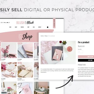 K&ouml;nnte beinhalten: Ein Website-Mockup, das eine E-Commerce-Plattform mit dem Text "EASILY SELL DIGITAL OR PHYSICAL PRODUCTS" zeigt. Die Website zeigt Produktlisten, einen Warenkorb und Produktdetails in einem rosa-schwarzen Farbschema.