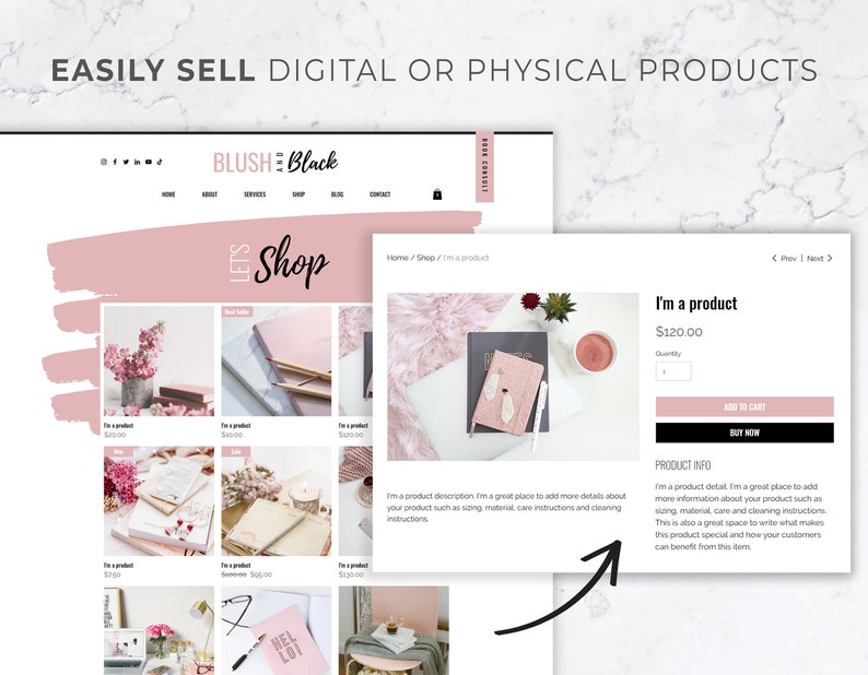K&ouml;nnte beinhalten: Ein Website-Mockup, das eine E-Commerce-Plattform mit dem Text "EASILY SELL DIGITAL OR PHYSICAL PRODUCTS" zeigt. Die Website zeigt Produktlisten, einen Warenkorb und Produktdetails in einem rosa-schwarzen Farbschema.
