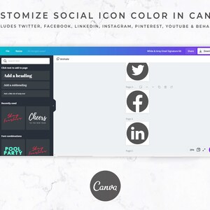 May include: A Canva interface screenshot demonstrating social media icon colour customisation. The image features Twitter, Facebook, LinkedIn, Instagram, Pinterest, YouTube, and Behance icons. Text reads "Customize Social Icon Color in Canva."