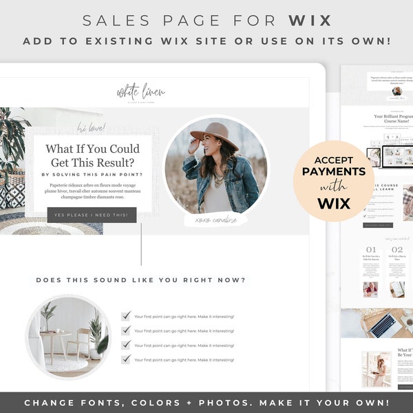 Plantilla de página de ventas para Wix: plantilla de sitio web, sitio web del curso, página de destino, embudo de ventas, ventas de productos digitales, plantilla Wix, lino blanco