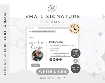 Email Signature Template for Canva & Google Docs - Clickable Links, Editable Signature, Gmail, Outlook, White Linen