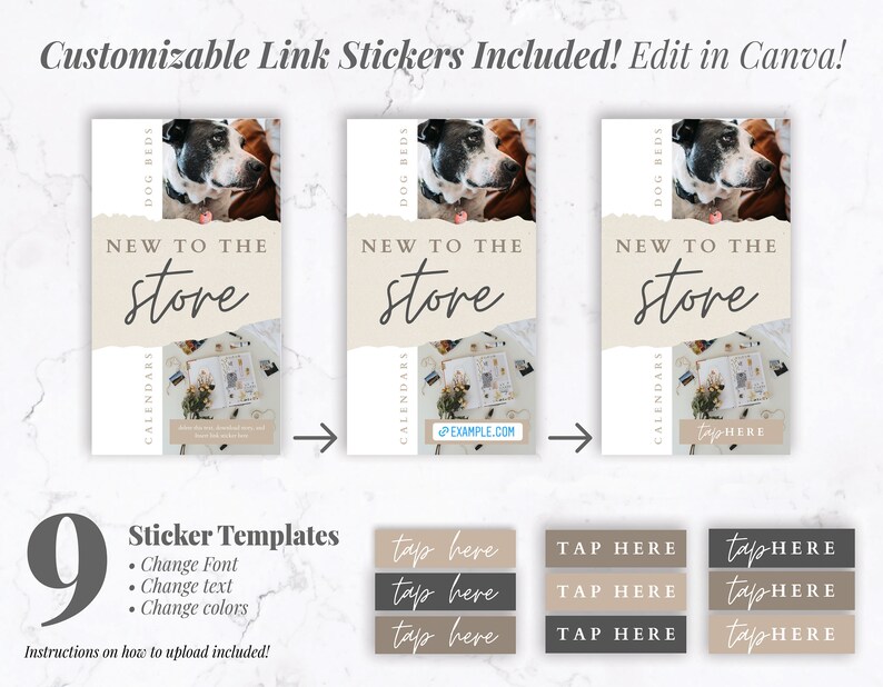 Puede incluir: Gr&aacute;fico promocional con el texto &laquo;Nuevo en la tienda&raquo; y &laquo;Camas para perros&raquo; con una imagen de un perro. Incluye 9 plantillas de pegatinas con opciones para cambiar la fuente, el texto y los colores. Texto: &laquo;&iexcl;Pegatinas de enlace personalizables incluidas! &iexcl;Edita en Canva!"