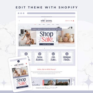 May include: A website design for Wild Peony, displayed on a desktop and tablet. The site promotes a Shop Sale with a 20% discount. The design includes sections for new items, items on sale, and unique finds.