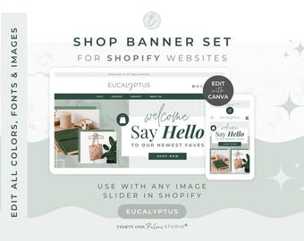 Shopify Banner Templates - Shop Banner Templates for Canva, Customizable eCommerce Banners, Website Banners, Green Online Shop, Eucalyptus