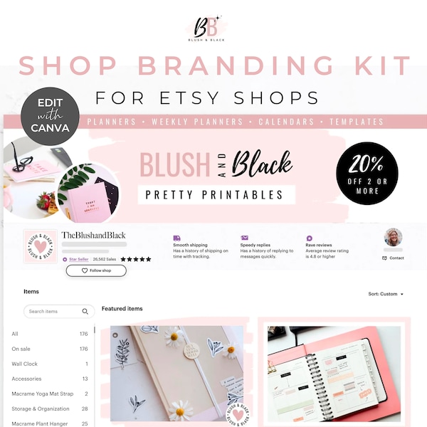 Shop Branding Kit for Etsy - Shop Banner Bundle, Listing Image, Store Logo, Pink Shop Banner, Banner Template, Shop Template, Blush & Black