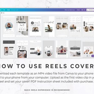 May include: A digital design template for Instagram Reels covers. The image displays a variety of cover designs with text overlays, including "How to Get More Reel Views" and "5 Ways to Stand Out." The text "How to Use Reels Covers" is prominently displayed.