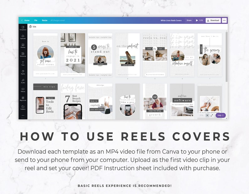 May include: A digital design template for Instagram Reels covers. The image displays a variety of cover designs with text overlays, including "How to Get More Reel Views" and "5 Ways to Stand Out." The text "How to Use Reels Covers" is prominently displayed.