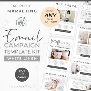 Canva のメール テンプレート バンドル - メール、Mailchimp、FloDesk、MailerLite、メール デザイン、ニュースレター、メール マーケティング、ホワイト リネンのテンプレート