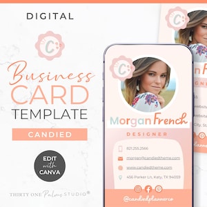 Sjabloon digitaal visitekaartje - digitaal visitekaartje canvas, kleurrijke leuke digitale kaart, brandingsjabloon voor kleine bedrijven, roze, gekonfijt