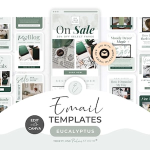 May include: A collection of digital email templates with a eucalyptus theme. The design features various layouts with text such as "On Sale," "New Arrivals," and "Email Templates." The templates are designed to be edited with Canva.