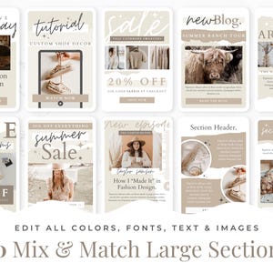 May include: A collection of beige and white social media templates with various designs, including text like "giveaway," "tutorial," and "sale." The templates feature images and text, with the phrase "30 Mix & Match Large Sections" at the bottom.