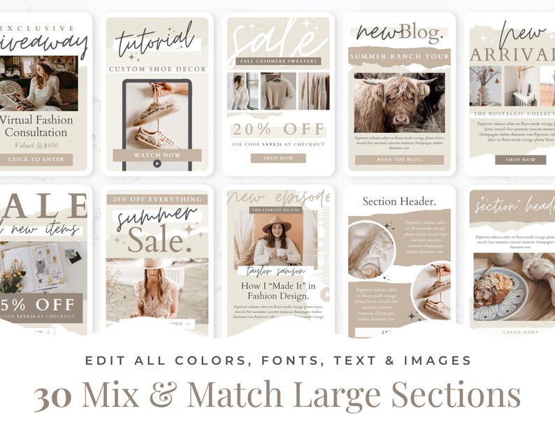 May include: A collection of beige and white social media templates with various designs, including text like "giveaway," "tutorial," and "sale." The templates feature images and text, with the phrase "30 Mix & Match Large Sections" at the bottom.