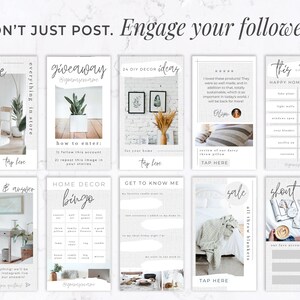 May include: A collection of Instagram story templates with text overlays. The templates include themes like "sale", "giveaway", "DIY decor ideas", "this or that", "home decor bingo", and "get to know me". The overall aesthetic is minimalist and modern.