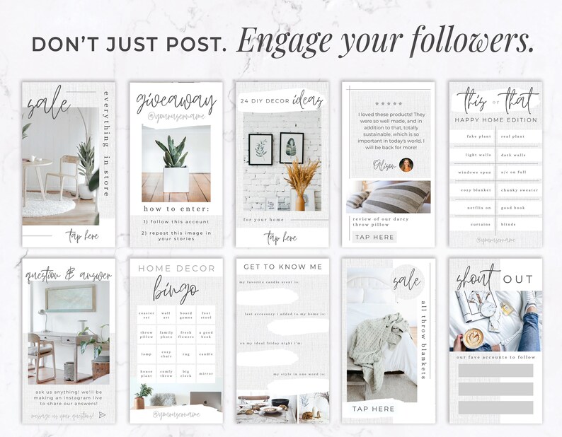 May include: A collection of Instagram story templates with text overlays. The templates include themes like "sale", "giveaway", "DIY decor ideas", "this or that", "home decor bingo", and "get to know me". The overall aesthetic is minimalist and modern.