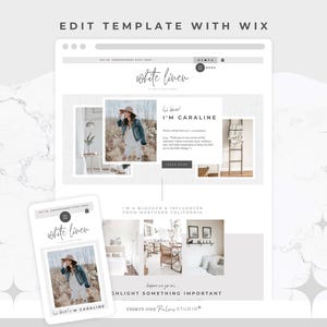 May include: A website template displayed on a laptop and smartphone, featuring a minimalist design with the text "white linen." The design includes images, text, and the phrase "EDIT TEMPLATE WITH WIX." The smartphone displays a similar layout.