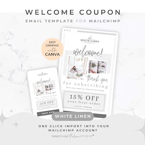 Puede incluir: Una plantilla de marketing digital para marketing por correo electrónico. El diseño presenta el texto "Welcome Coupon" y "Welcome!" en una fuente limpia y moderna. La plantilla incluye un cupón de descuento del 15% y está diseñada para Mailchimp.