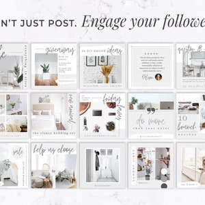 May include: A grid of square social media posts with a minimalist aesthetic. The posts feature text like "sale," "giveaway," and "DIY decor ideas," along with lifestyle images of home decor and furnishings. The overall theme is promoting engagement.