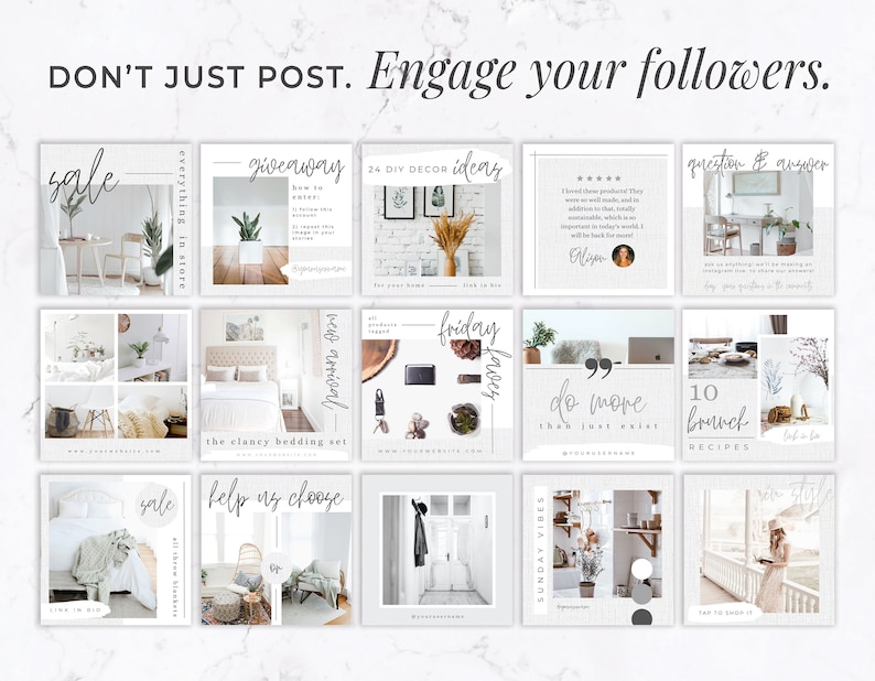 May include: A grid of square social media posts with a minimalist aesthetic. The posts feature text like "sale," "giveaway," and "DIY decor ideas," along with lifestyle images of home decor and furnishings. The overall theme is promoting engagement.