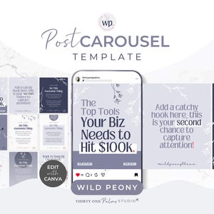 May include: A digital marketing template with a light purple and white color scheme. The template includes a phone mockup with the text "The Top Tools Your Biz Needs to Hit $100K." Additional text includes "Edit with Canva."