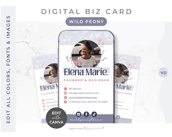 Digital Business Card Template - Digital Business Card Canva, Colorful Fun Card, Small Business Branding Template, Purple, Wild Peony