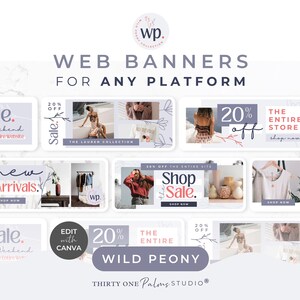 May include: A promotional image featuring web banners for various platforms. The banners showcase text like "Sale," "New Arrivals," and "20% Off." The design incorporates floral elements and the text "Wild Peony Collection."