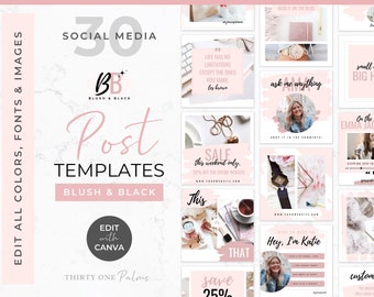 Social Media Post Templates - Canva Templates, Post Templates for Instagram, Retail or Blog, Online Coach, Instant Download, Blush & Black