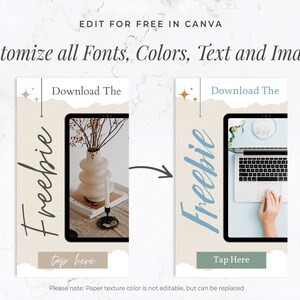 Puede incluir: Gr&aacute;fico digital con el texto "EDIT FOR FREE IN CANVA" y "Customize all Fonts, Colors, Text and Images!". El gr&aacute;fico muestra dos maquetas con las palabras "Download The" y "Freebie". Una maqueta muestra un jarr&oacute;n con ramas, la otra un port&aacute;til.