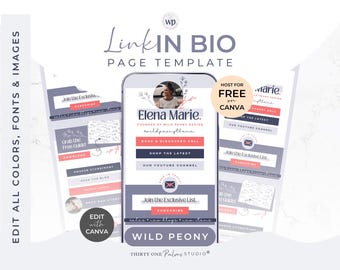 May include: A Link In Bio page template design with a smartphone mockup, featuring a user profile and various call-to-action buttons. The design incorporates a color palette of white, gray, and coral, with the text "Edit with Canva" and "Host for Free on Canva".