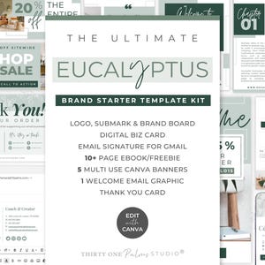 Pode incluir: Um kit de modelos digitais para branding com tema de eucalipto. O kit inclui um logotipo, uma submarca, um quadro de marca, um cartão de visita digital, uma assinatura de e-mail, um e-book, banners Canva, um gráfico de boas-vindas por e-mail e um cartão de agradecimento. O kit é editável no Canva.