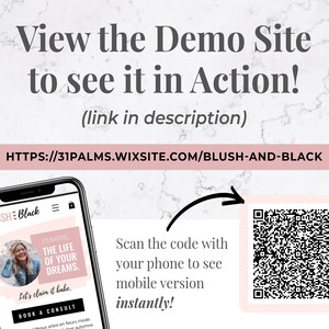 K&ouml;nnte beinhalten: Ein Smartphone zeigt eine Website mit dem Text "BLUSH:Black" und "THE LIFE OF YOUR DREAMS." Das Bild enth&auml;lt einen QR-Code und den Text "Scannen Sie den Code mit Ihrem Telefon, um die mobile Version sofort zu sehen!" und eine Website-Adresse.