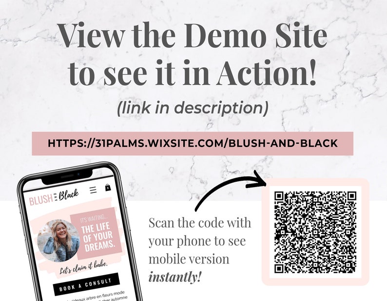 K&ouml;nnte beinhalten: Ein Smartphone zeigt eine Website mit dem Text "BLUSH:Black" und "THE LIFE OF YOUR DREAMS." Das Bild enth&auml;lt einen QR-Code und den Text "Scannen Sie den Code mit Ihrem Telefon, um die mobile Version sofort zu sehen!" und eine Website-Adresse.