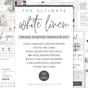 Brandingkit: bundel canva-sjabloon, logo, e-mailsjabloon, bedankkaart, e-book, Gmail-handtekening, visitekaartje, webbanner, wit linnen