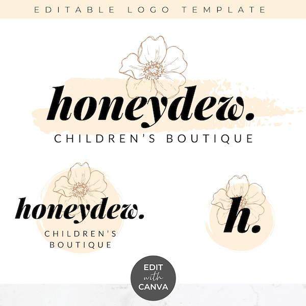 Editable Logo Template for Canva - DIY Fun Floral Logo Design, Small Business Logo, Coaching Logo, Boutique Logo, Branding, Orange, Honeydew