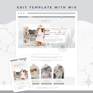 May include: A website template displayed on a laptop and tablet, featuring the text "Desertllus" and "You've Got the dream, I've Got the plan." The design includes images and sections for a program, coaching, and products. The phrase "EDIT TEMPLATE WITH WIX" is at the top.