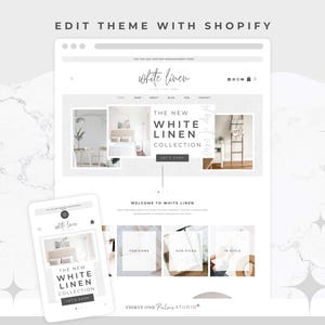 Könnte beinhalten: Ein Website-Design-Mockup für "White Linen", angezeigt auf einem Desktop-Computer und einem Mobilgerät. Das Design hat eine saubere, minimalistische Ästhetik mit Bildern von Wohnaccessoires. Der Text enthält "The New White Linen Collection" und "Let's Shop."