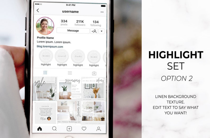 May include: A smartphone screen displays an Instagram profile with a profile picture, username, and highlights. The screen shows a grid of posts with the text "HIGHLIGHT SET OPTION 2" and "LINEN BACKGROUND TEXTURE. EDIT TEXT TO SAY WHAT YOU WANT!"