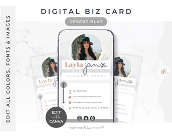 Digital Business Card Template - Digital Business Card Real Estate, Photographer, Coach Canva Business Card Template, Bohemian, Desert Blue