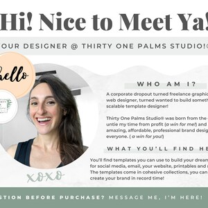 May include: Graphic design advertisement with the text "Hi! Nice to Meet Ya!" and "Your Designer @ Thirty One Palms Studio!&reg;". Includes a photo of a smiling woman, the word "hello", and the text "xoxo".