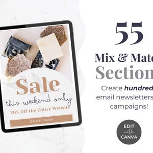 May include: A digital tablet displays a promotional graphic with the word "Sale" and "20% Off the Entire Website." The image also shows various bars of soap. Text on the right side reads "55 Mix & Match Sections."
