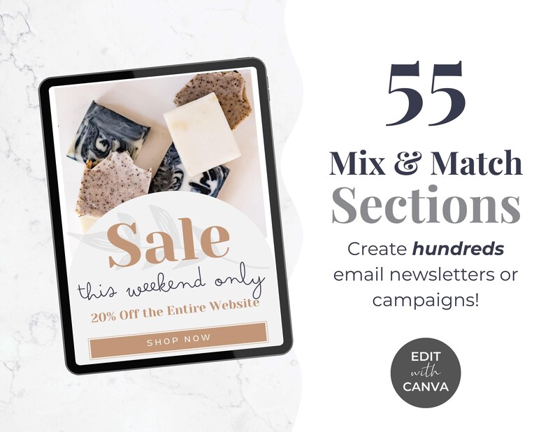 May include: A digital tablet displays a promotional graphic with the word "Sale" and "20% Off the Entire Website." The image also shows various bars of soap. Text on the right side reads "55 Mix & Match Sections."