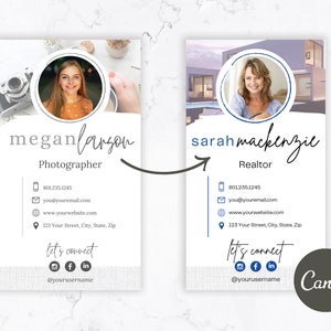 May include: Vertical business card design with a woman's headshot in a circle. The card displays the name "Megan Larson" and the title "Photographer." Contact details and social media icons are also present. The design is clean and contemporary.